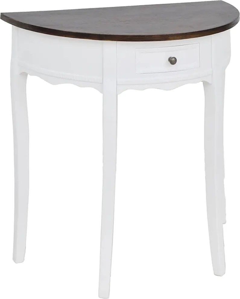 Mesa consola meia-lua com gaveta e tampo castanho
