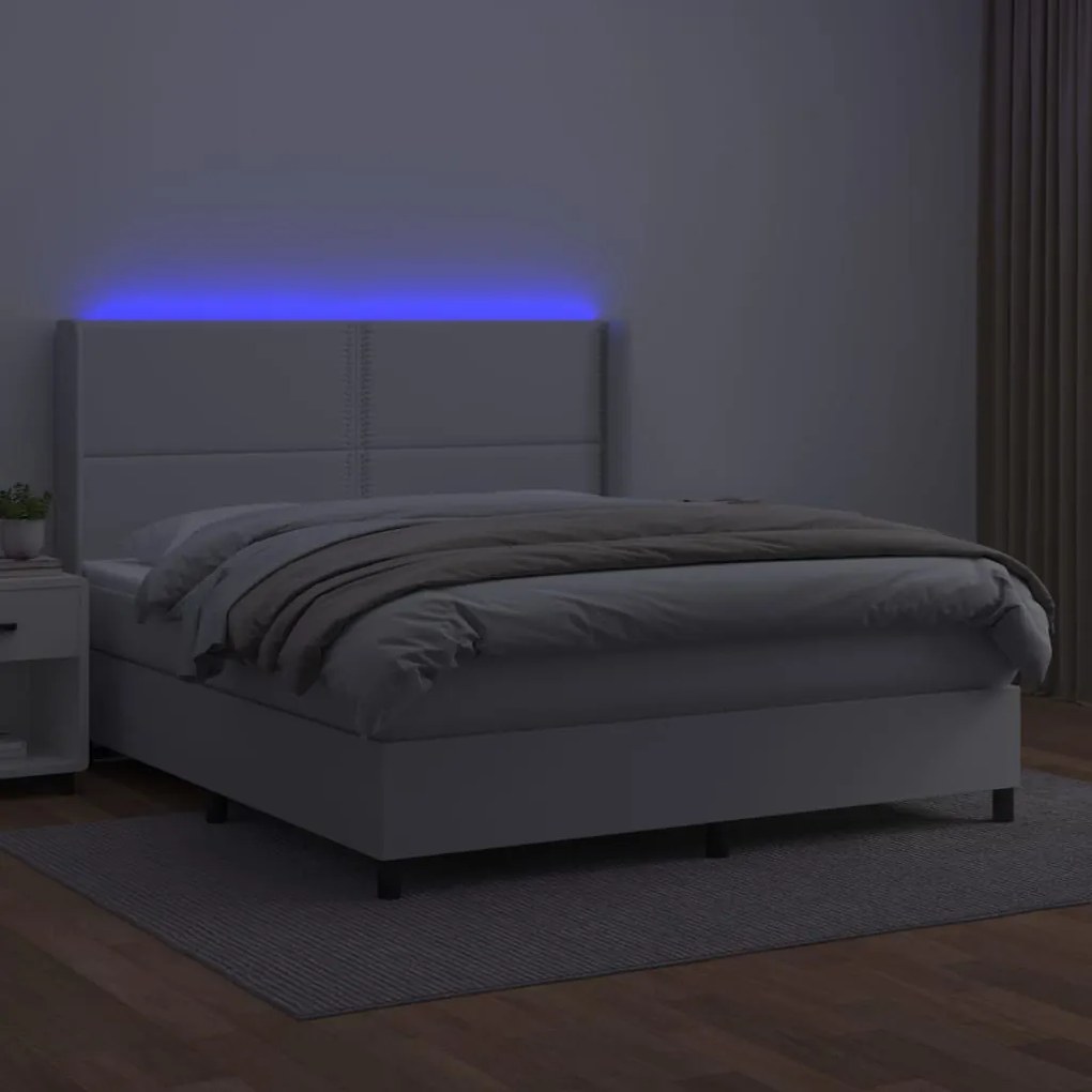 Cama box spring c/colchão/LED 180x200cm couro artificial branco