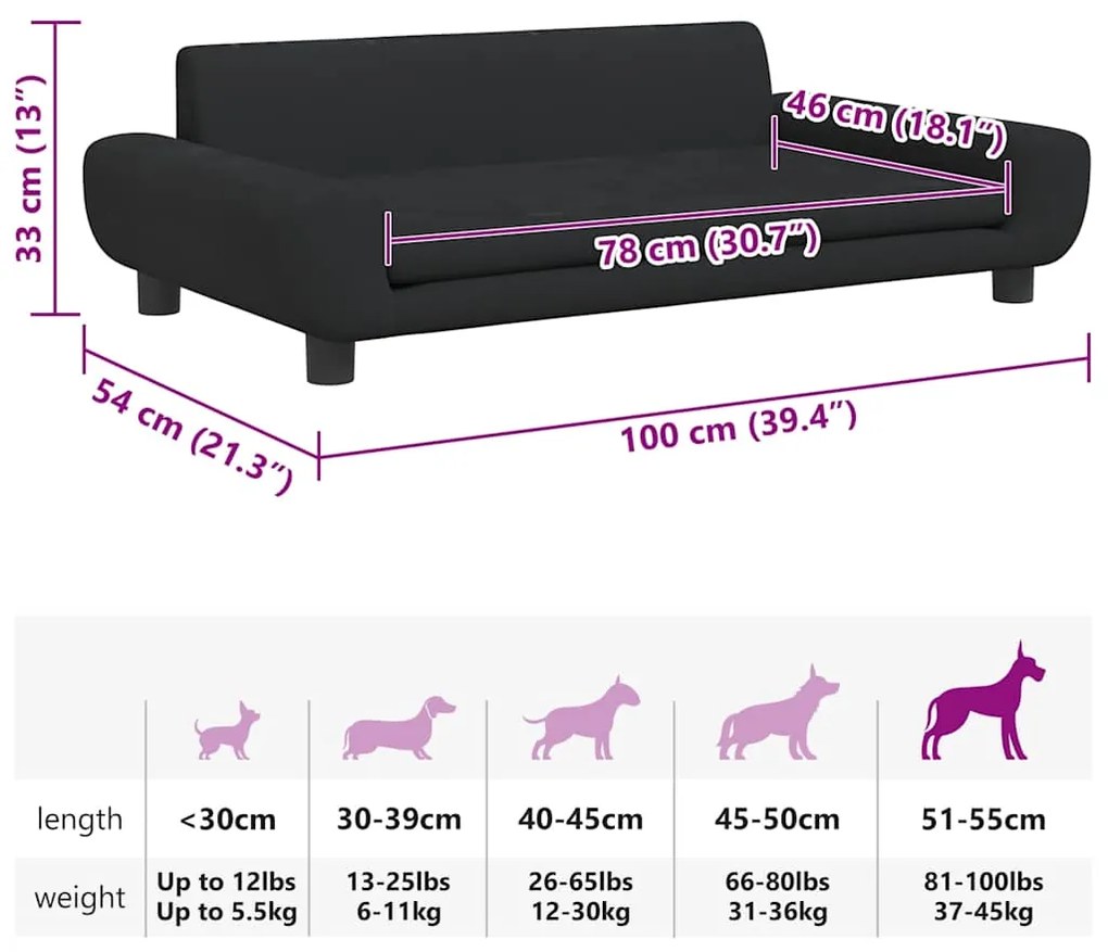 Cama para cães 100x54x33 cm veludo preto