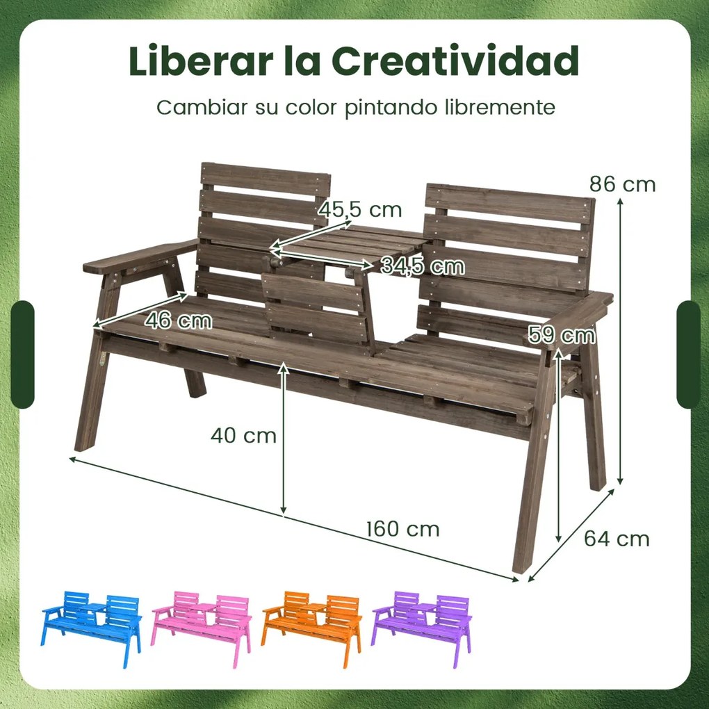 Banco de jardim madeira de abeto para 2-3 pessoas com mesa central rebatível Carga 320 kg 160 x 64 x 86 cm Café