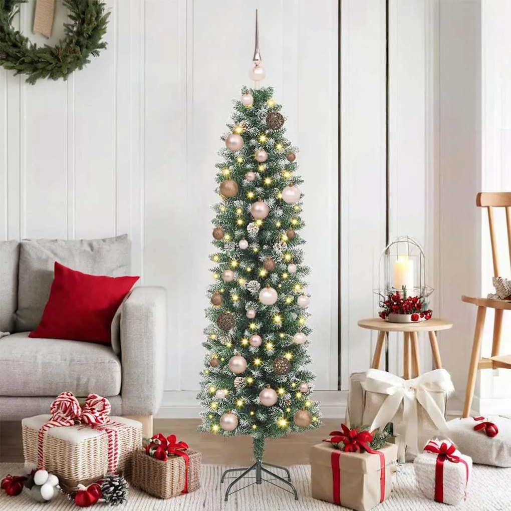 vidaXL Árvore Slim de Natal Artificial Verde e Branco 150 cm