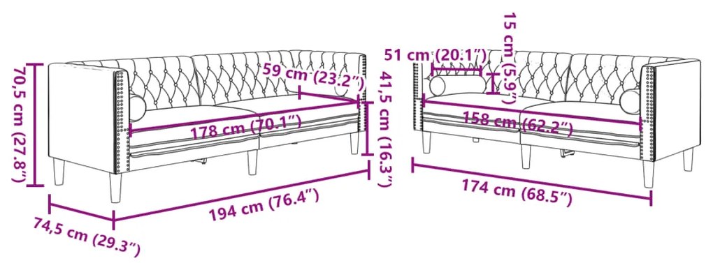 2 pcs conj. sofás chesterfield com rolos veludo vermelho-tinto