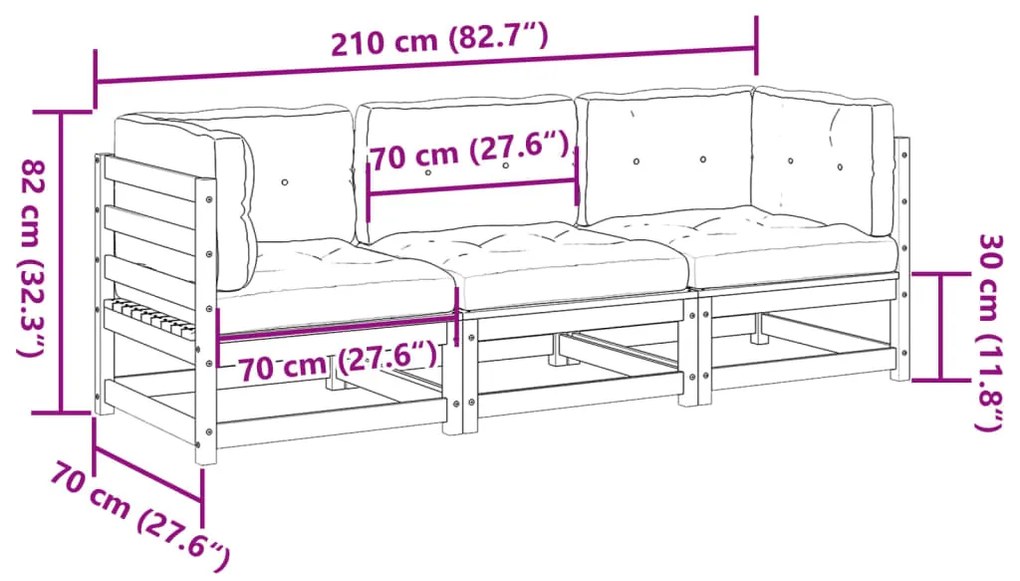 3 pcs conjunto sofás de jardim c/ almofadões pinho maciço