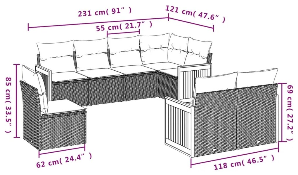 8 pcs conjunto sofás de jardim com almofadões vime PE preto