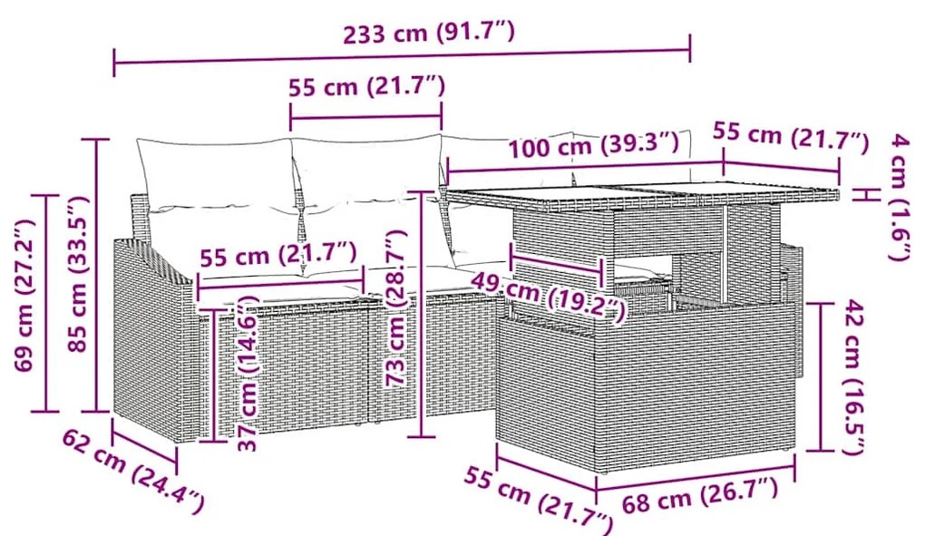 Conjunto de Sofá de Jardim de 5 Peças com Almofadas Cinzas em Rattan S