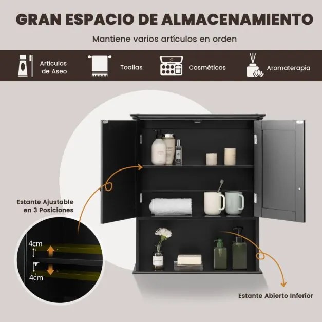 Armario de parede para casa de banho com 2 portas Prateleira regulável em altura 60 x 20 x 70,5 cm Preto
