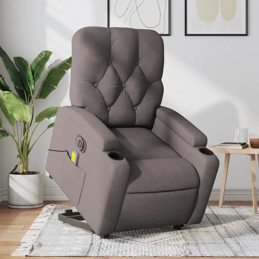 vidaXL Poltrona elétrica elevatória massagens tecido cinza-acastanhado