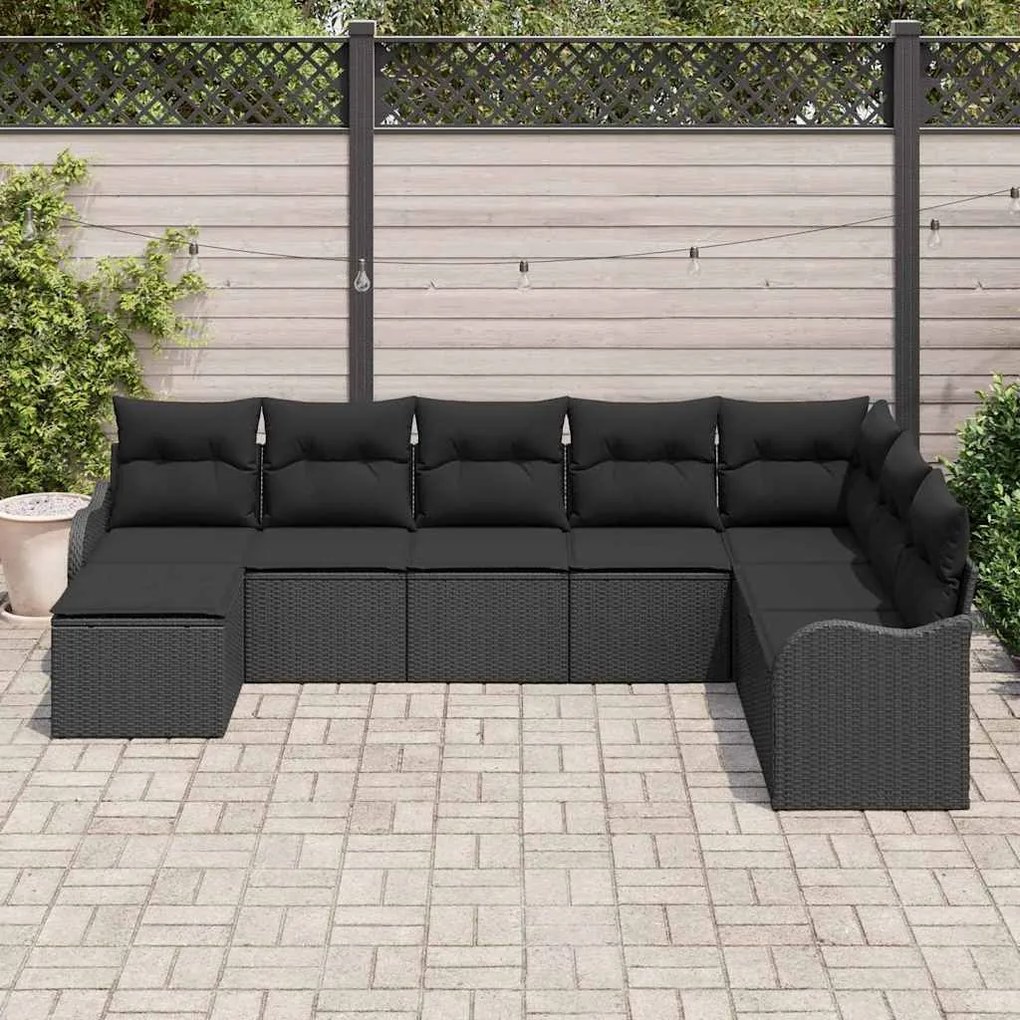 Sofá de Jardim 8 Peças com Almofadas Pretas em Rattan Sintético