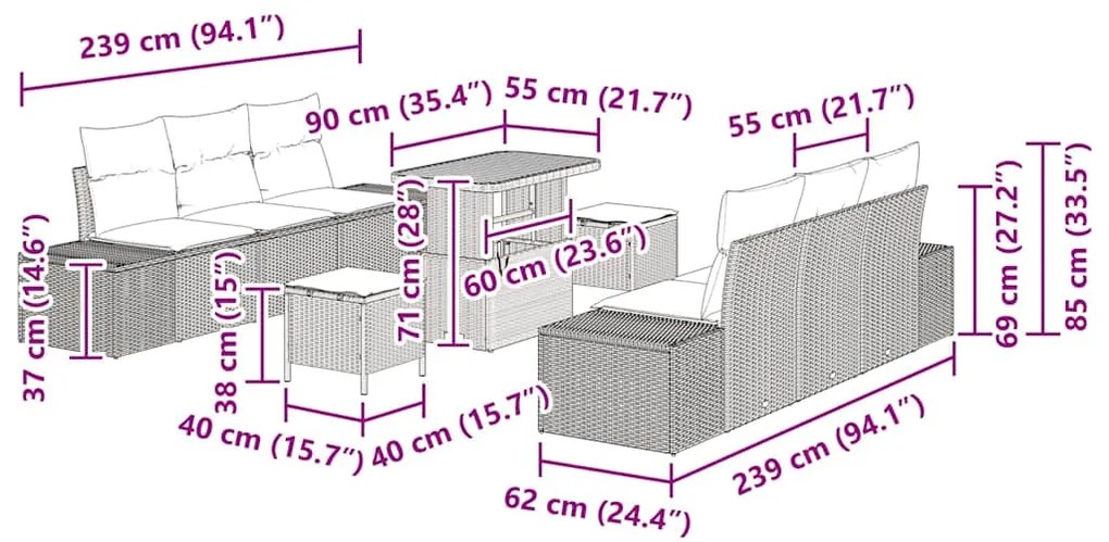 Sofá de Jardim de 9 Peças com Almofadas Pretas