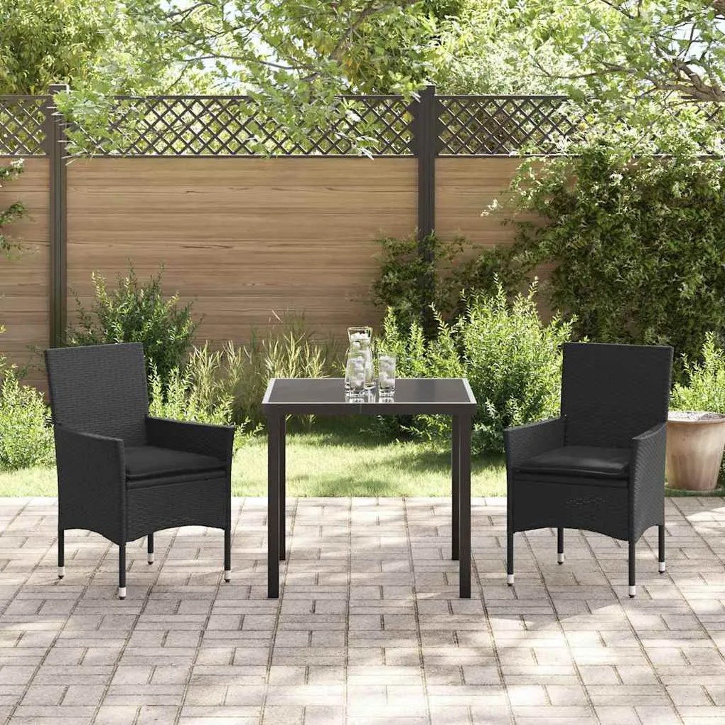 Conjunto de Jantar de Jardim em 3 Peças com Almofadas Pretas em Rattan