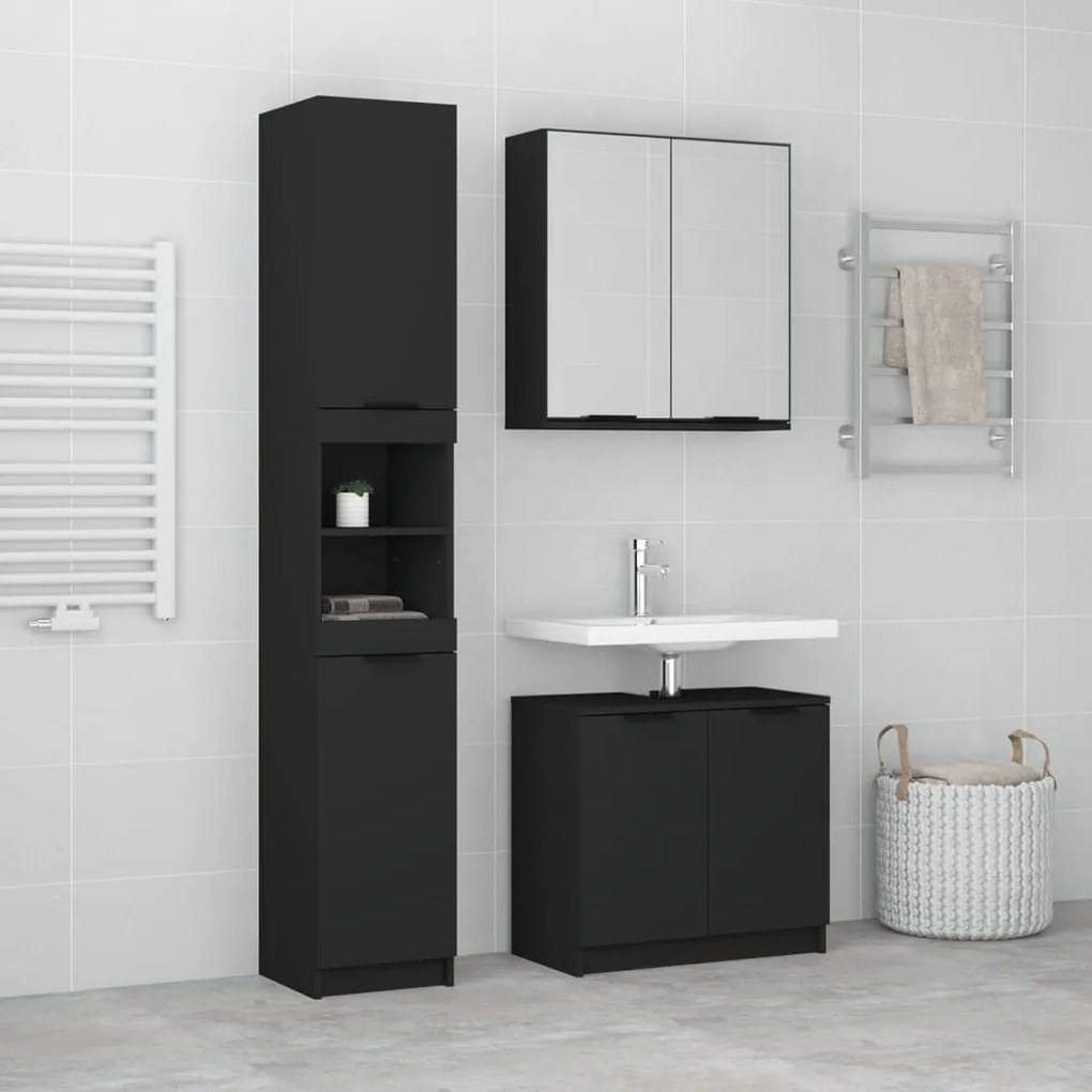vidaXL Conj. de armários casa de banho 3pcs madeira processada preto