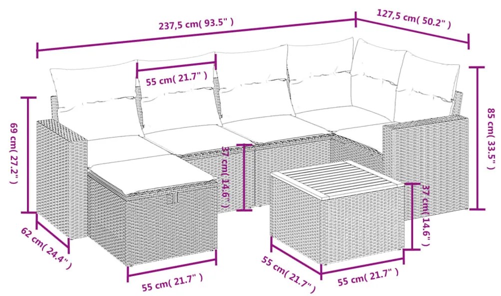 7 pcs conjunto de sofás p/ jardim c/ almofadões vime PE preto