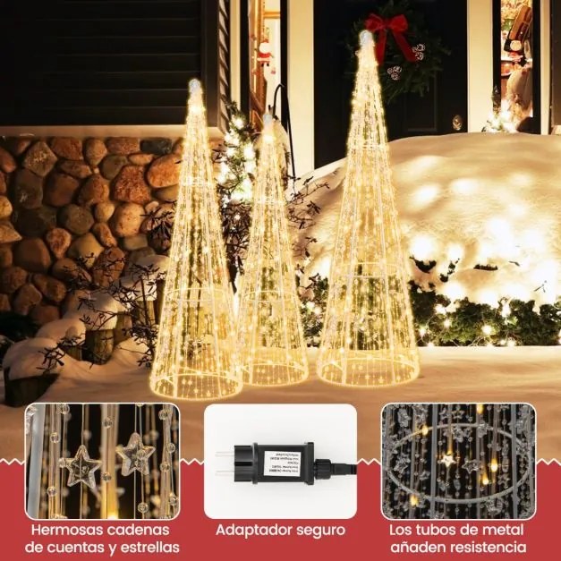 Conjunto de 3 árvores de Natal pré-iluminadas em forma de cone com correntes de estrelas 62/72/81cm