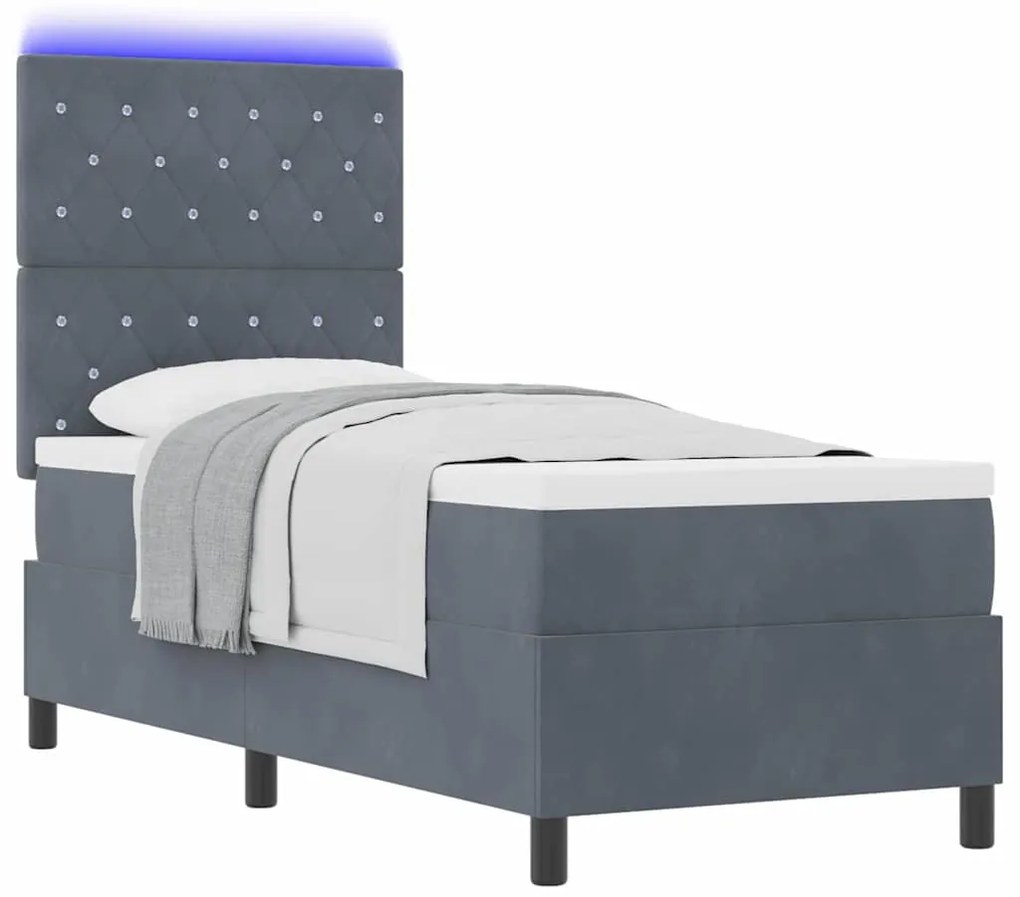 Cama Box Spring com Colchão &amp; LED Cinza Escuro 80x200 cm Veludo