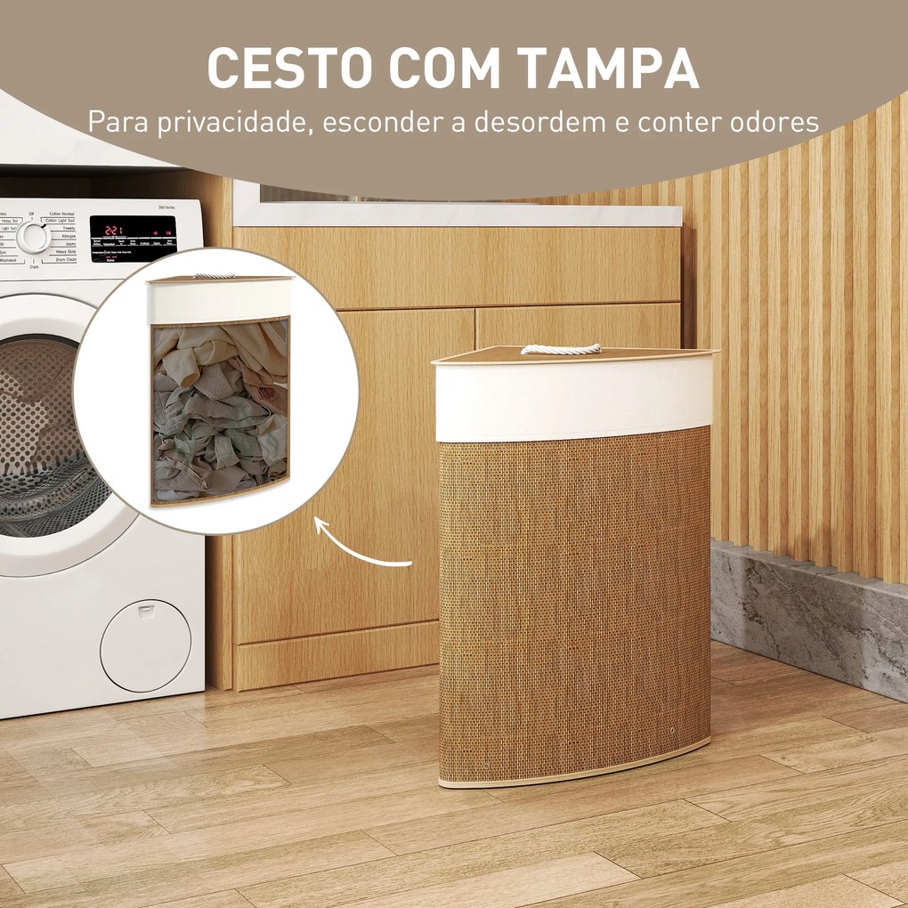 Cesto para Roupa Suja de Bambu de 55L com Tampa e Asa Saco Extraível e Lavável para Casa de Banho Quarto, 35x35x60 cm Castanho