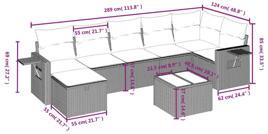 8 pcs conjunto sofás de jardim c/ almofadões vime PE castanho