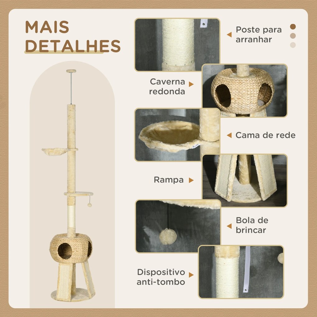 PawHut Arranhador para Gatos do Chão ao Teto de 225-255 cm Torre para