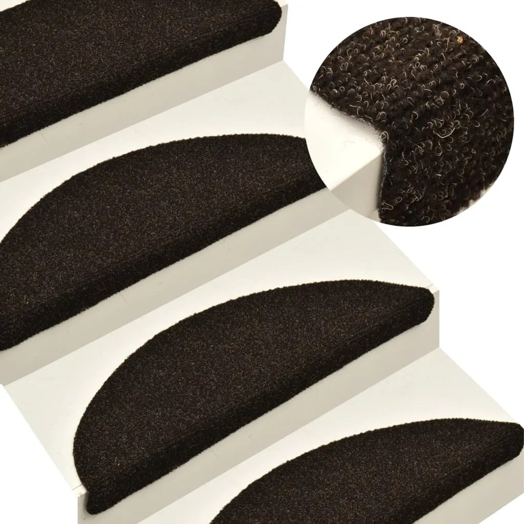 vidaXL Tapetes escada autoadesivos 15 pcs 65x21x4cm agulhado castanho