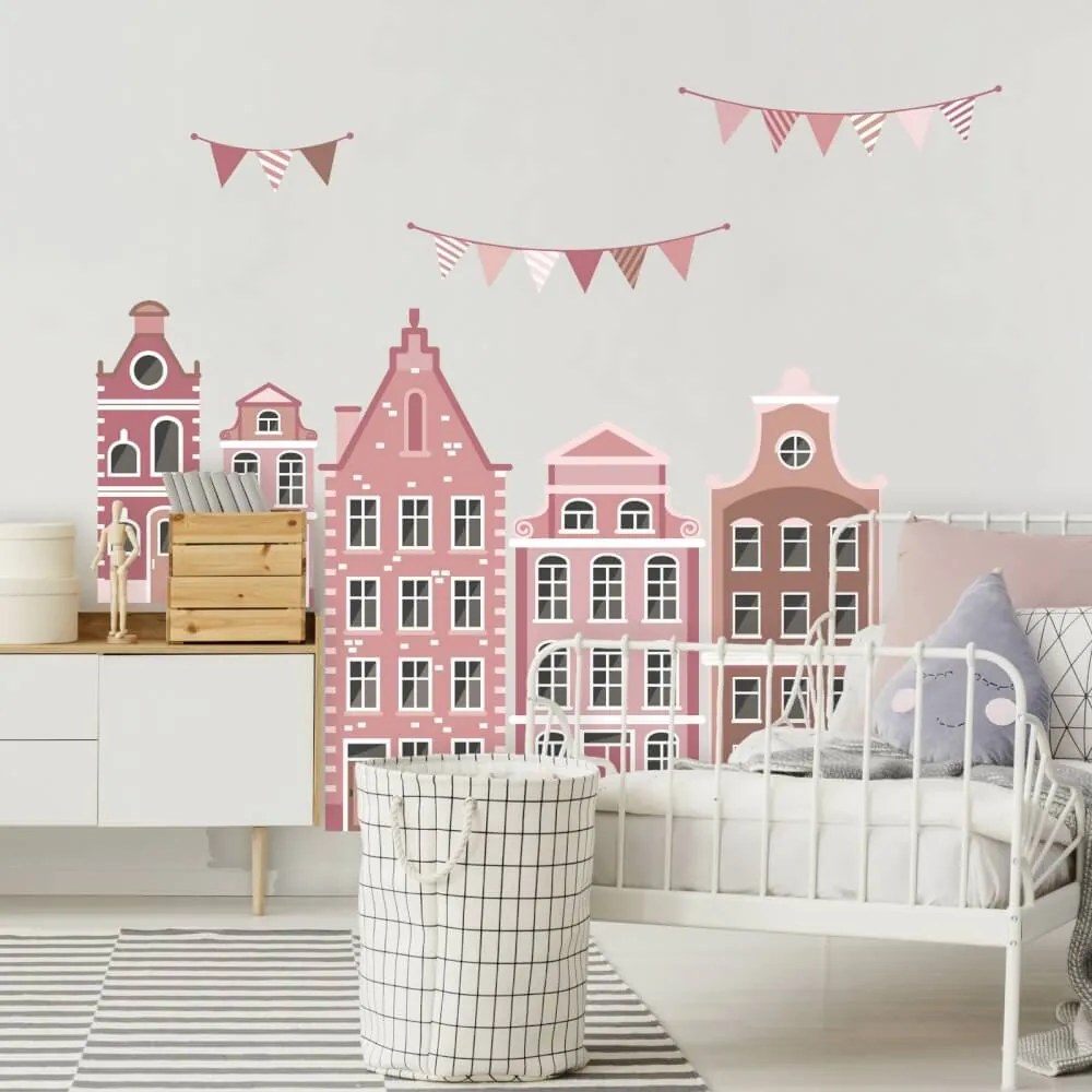 Autocolantes de parede para meninas - Casas cor-de-rosa com grinaldas