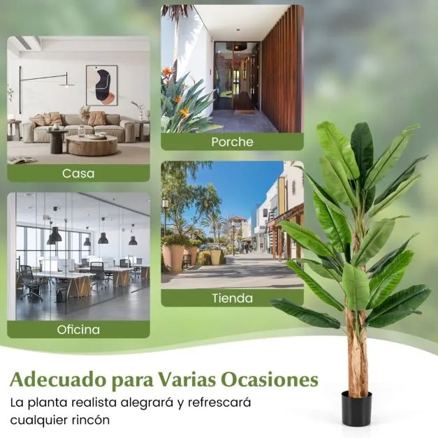 Plátano artificial de 195 cm de altura com 27 folhas grandes Caules triplos Casca natural Verde Decoração de vaso de plantas