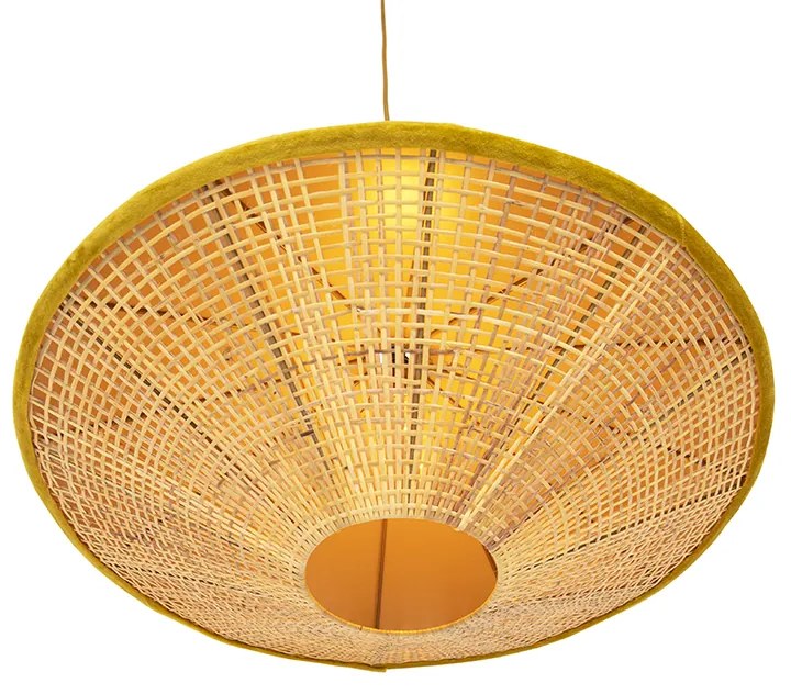 Candeeiro de suspensão rústico amarelo veludo com ráfia 60 cm - Frills Can
