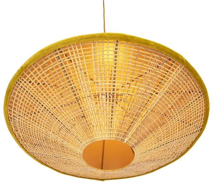 Candeeiro Pendente Estilo Campestre Veludo Amarelo com Ratan 60cm - Frills Can Country / Rústico,Oriental