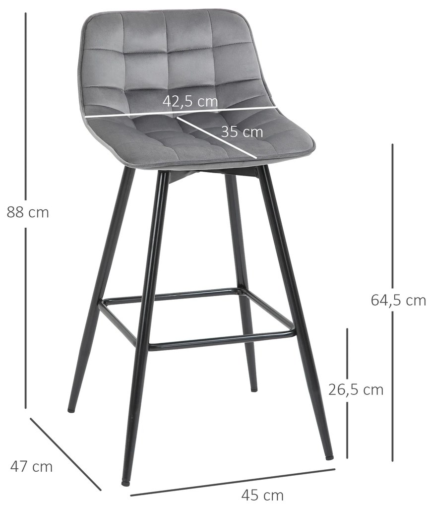 Conjunto de 2 Bancos de Bar com Encosto e Apoio para os Pés Bancos Altos Acolchoados de Estilo Nórdico 45x47x88 cm Cinza