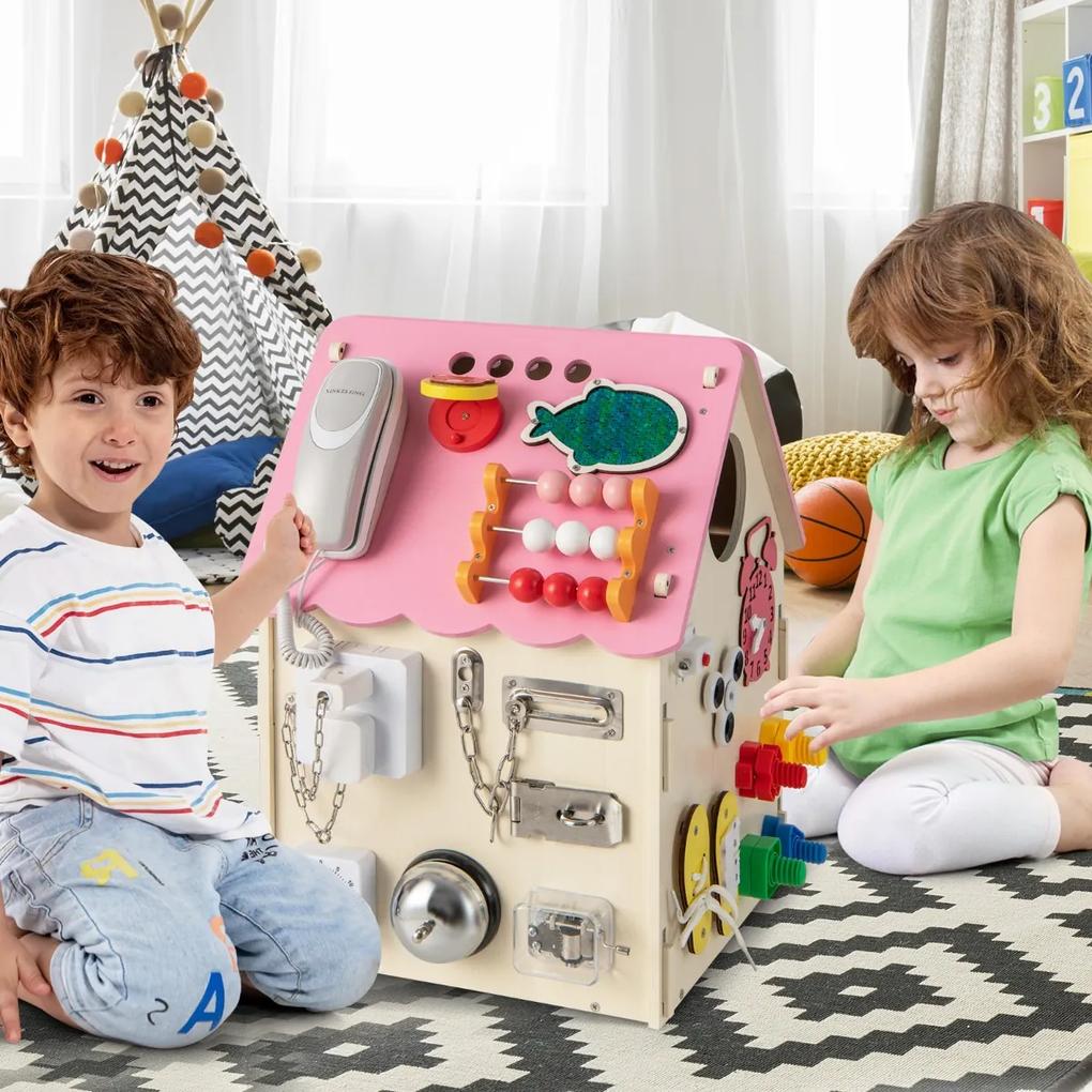 Casa de atividades de madeira com jogos sensoriais e espaço de armazenamento interno Brinquedo educativo para mais de 3 anos 33 x 33 x 45 cm Rosa