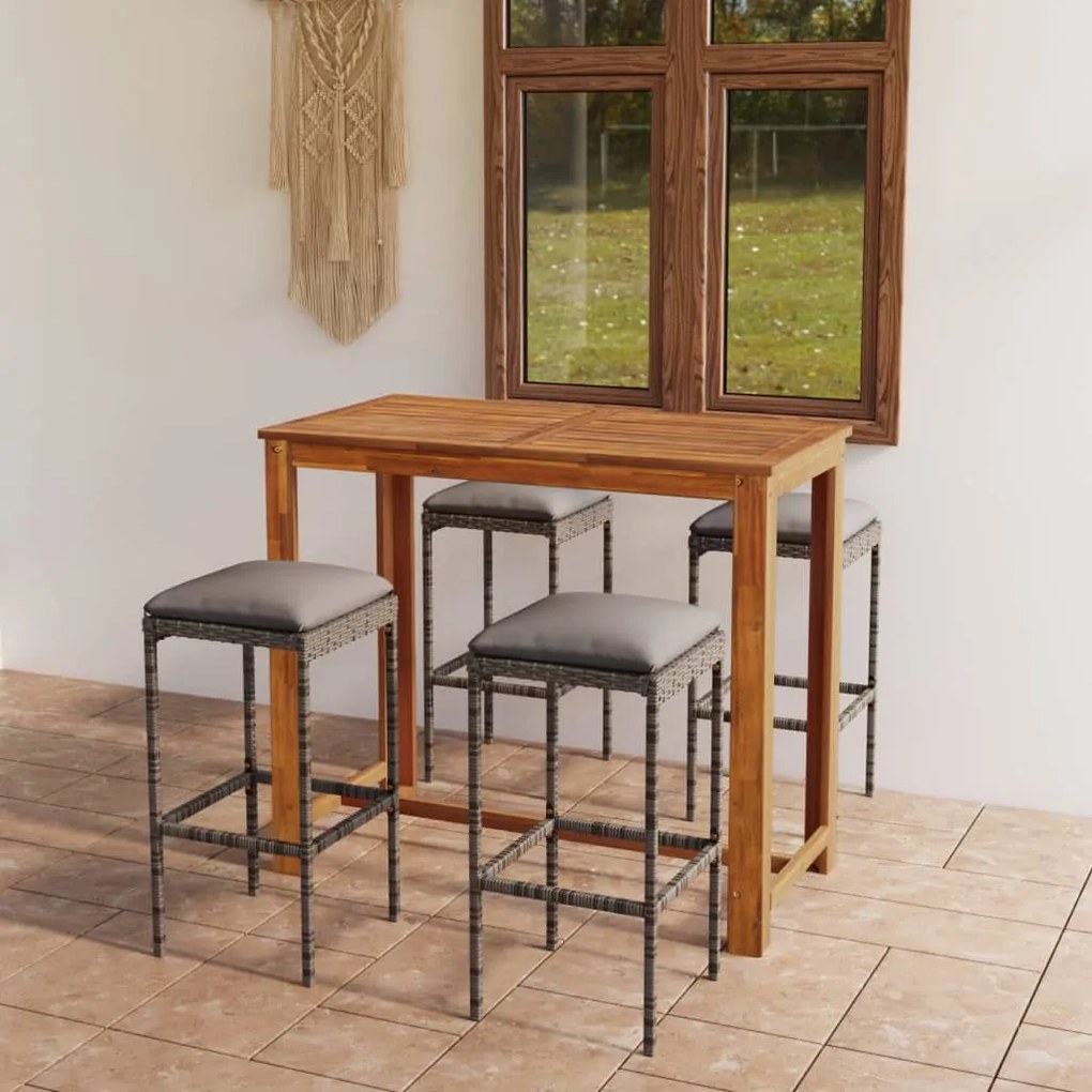 vidaXL 5 pcs conjunto de bar p/ jardim com almofadões cinzento