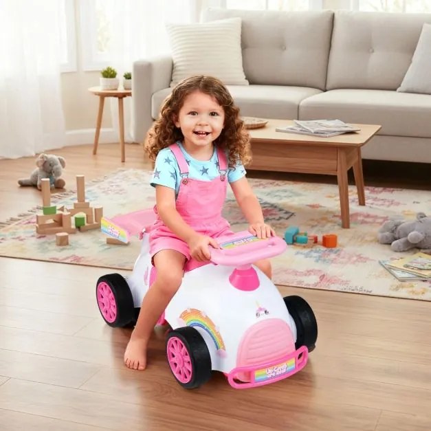 Andarilho infantil Unicórnio com música, arrumação debaixo do assento e rodas universais para crianças dos 19 aos 36 meses Branco + Rosa