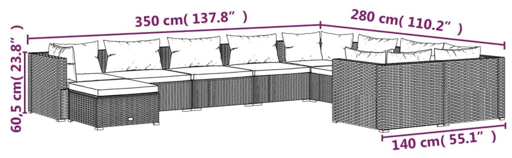 10 pcs conjunto lounge de jardim c/ almofadões vime PE castanho