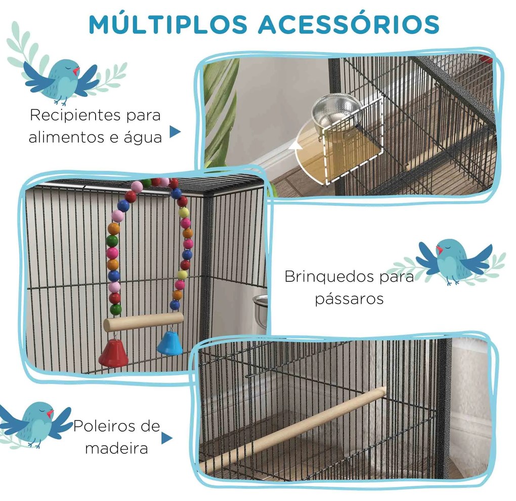 Gaiola para Pássaros com Rodas Gaiola para Aves com Comedouro Poleiro Baloiço e Bandeja Amovível 48x46x74 cm Cinzento