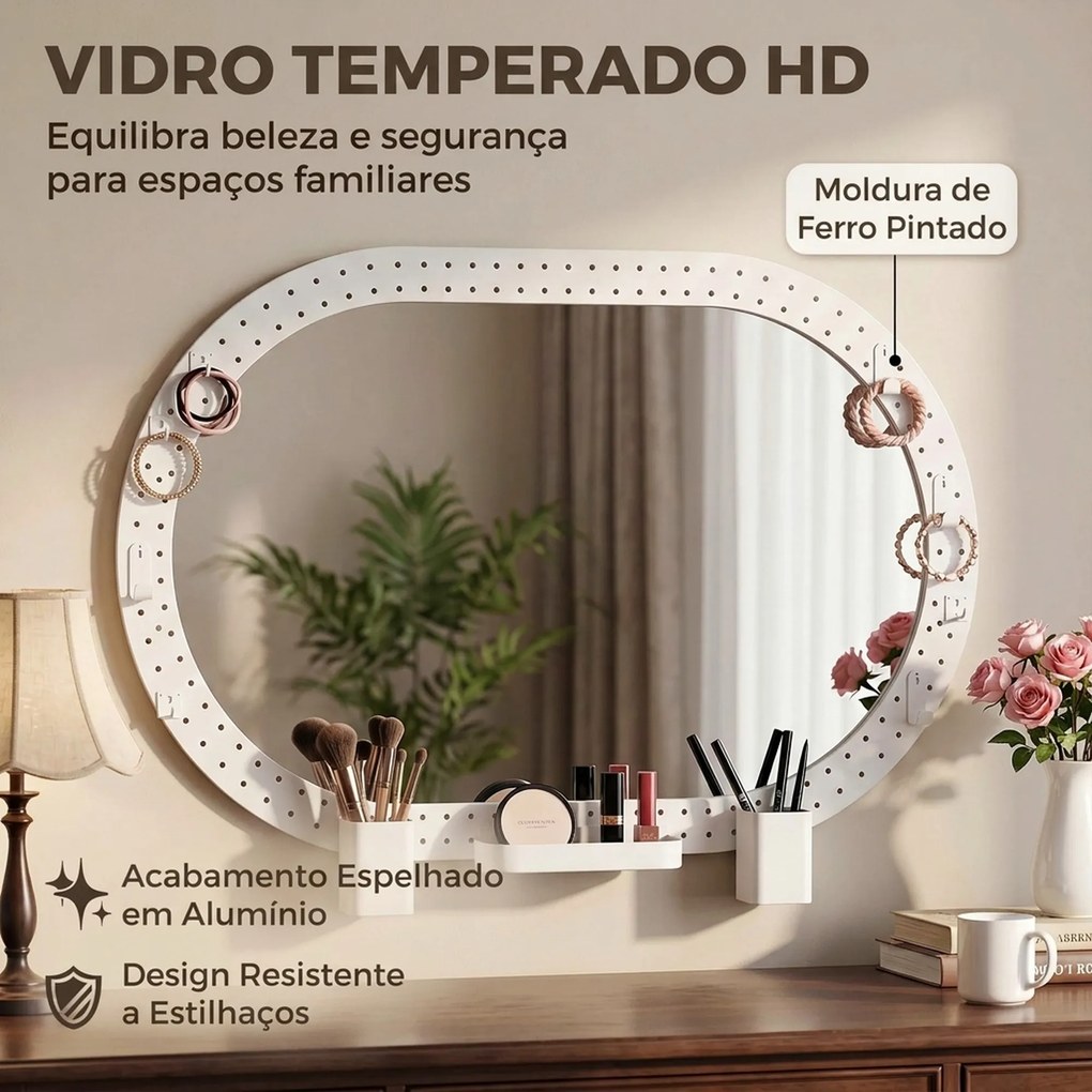 Espelho de Parede Decorativo com Painel Perfurado 90x60 cm para Sala e Quarto Branco