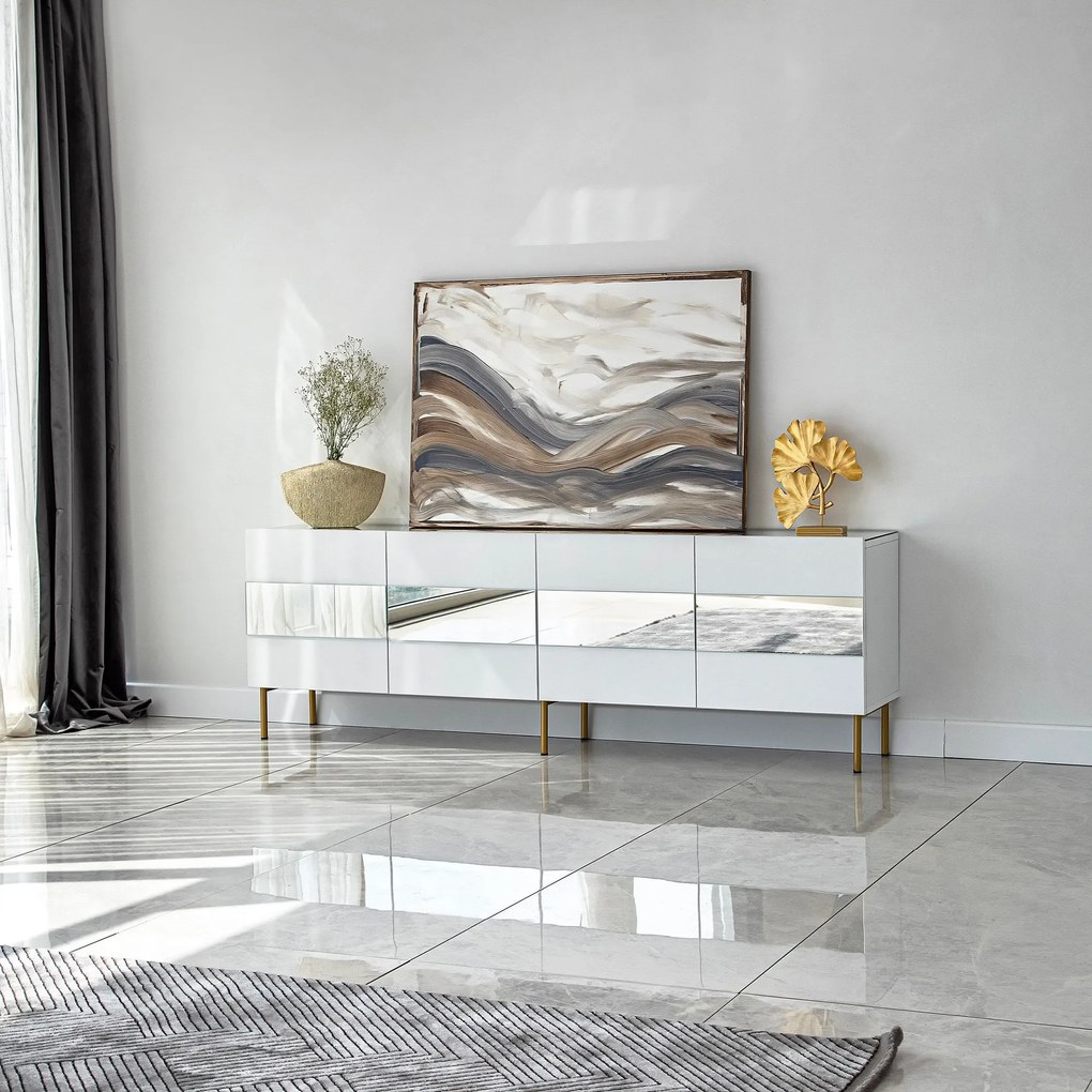 Móvel TV Leon – Branco e Dourado – 180x59x35 cm