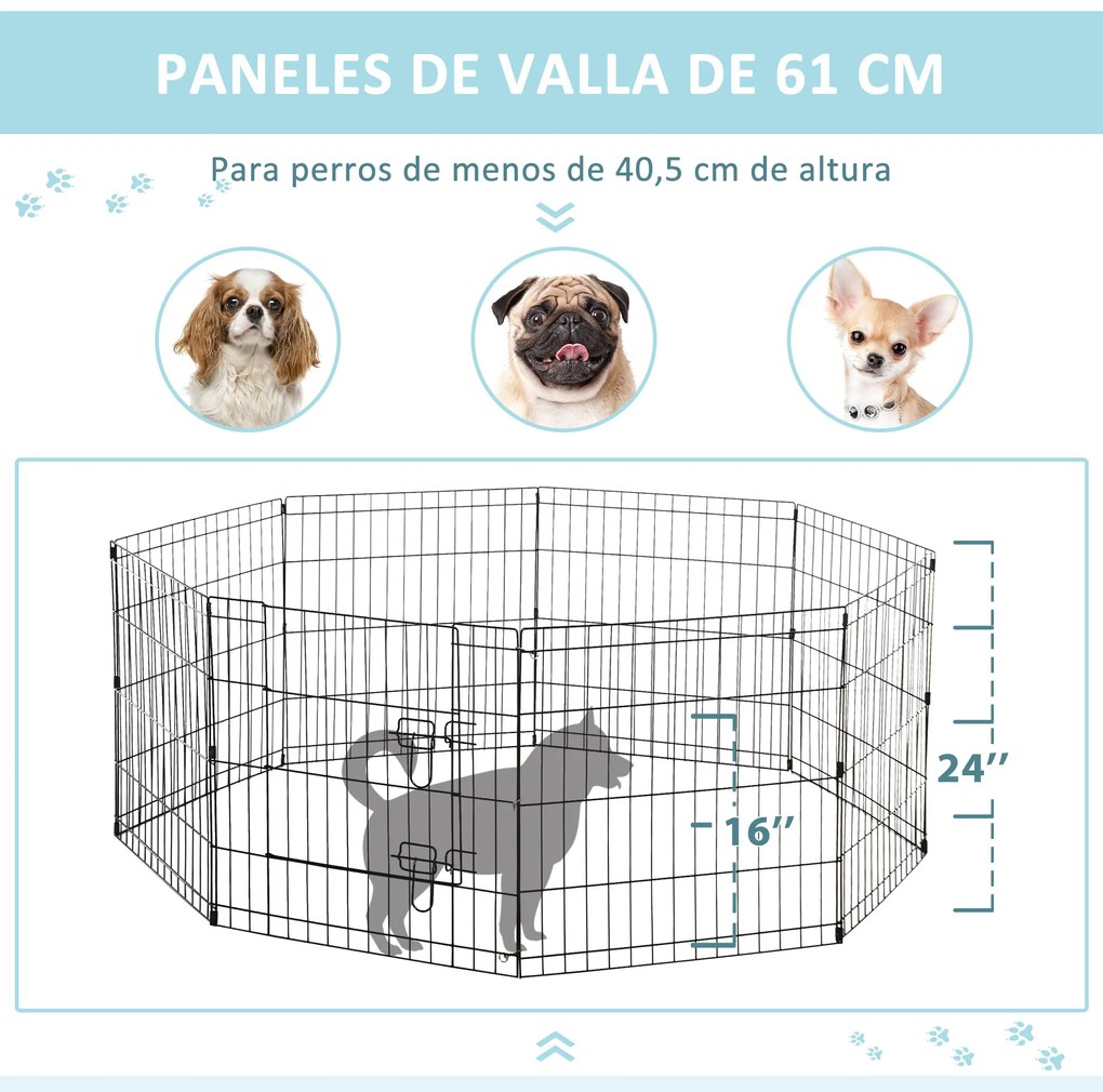 PawHut Parque para Cães 8 Painéis 61x61cm Dobráveis Gaiola Metálica para Animais de Estimação com Porta e Dupla Fechadura para Jardim Pátio Exterior Preto