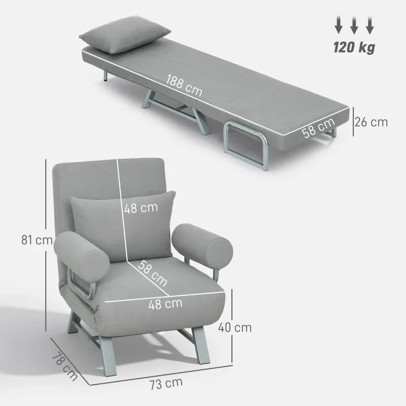 poltrona Sofá Cama Dobrável Estofado em Linho Sintético com Encosto Ajustável em 5 Níveis e Almofada Acolchoada 73x78x81 cm Cinzento Claro