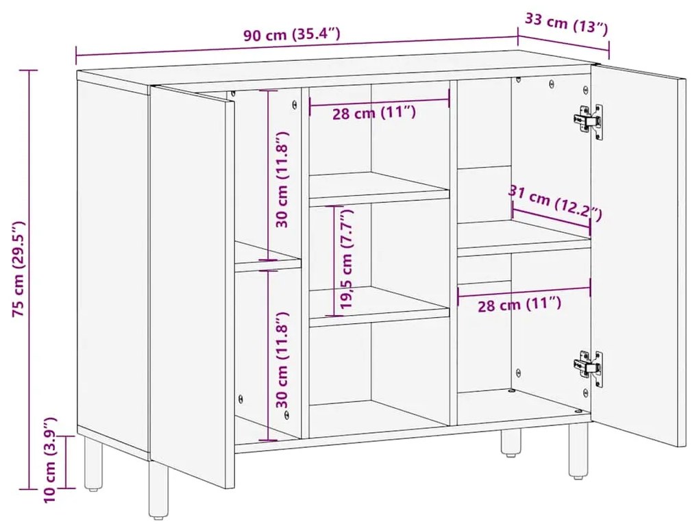 Sideboard vidaXL 90x33x75 cm Madeira Sólida de Acácia