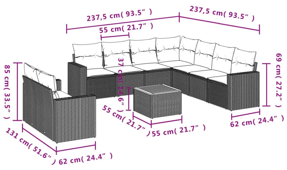 10 pcs conjunto de sofás p/ jardim com almofadões vime PE bege