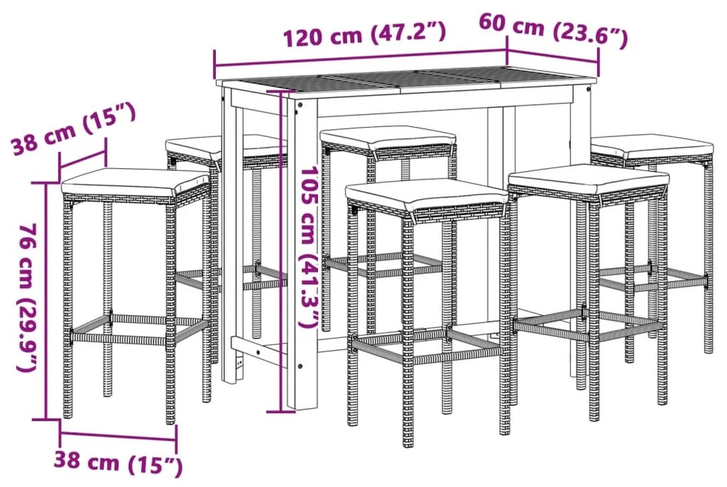 7 pcs conjunto de bar p/ jardim acácia maciça/vime PE castanho