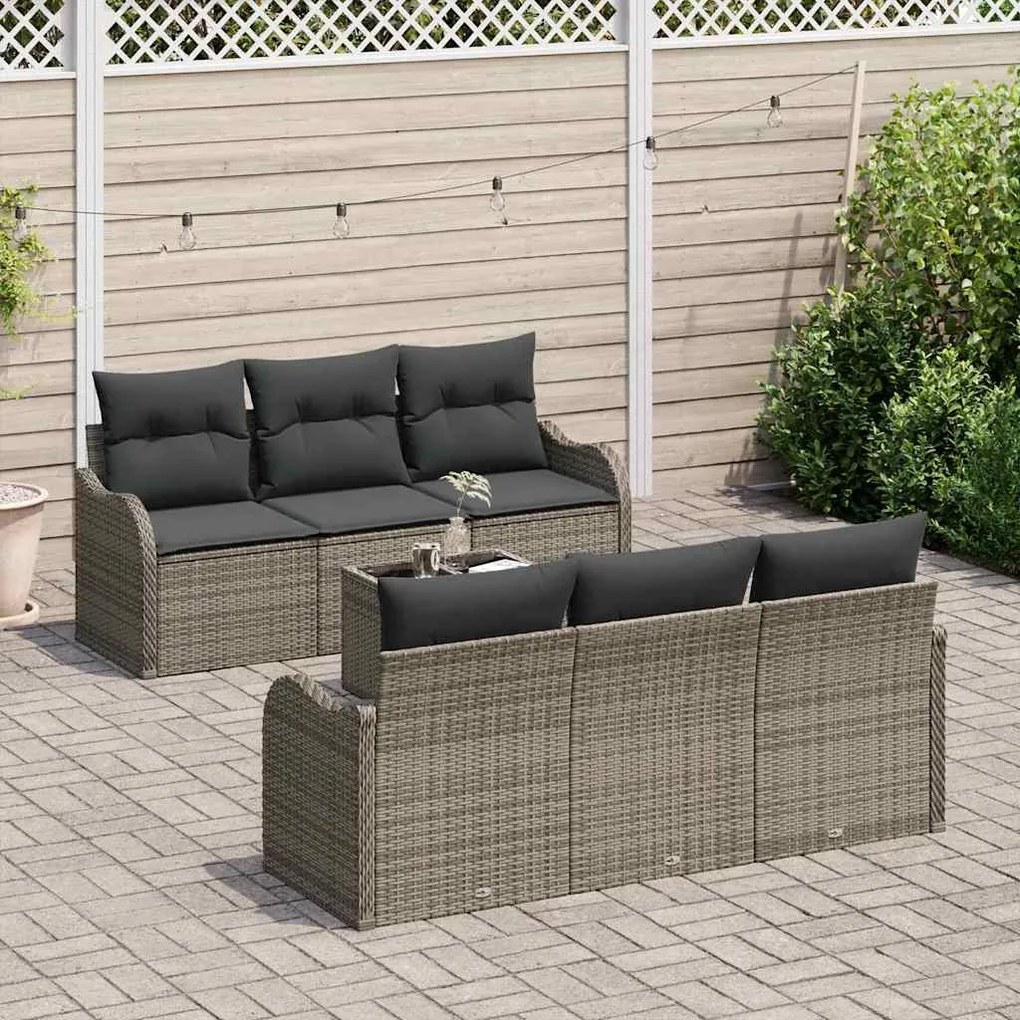 Conjunto de Sofá de Jardim 7 Peças com Almofadas Cinzento Rattan PE