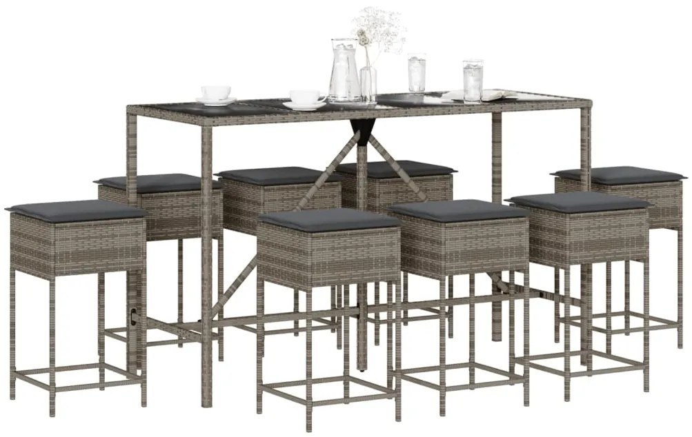 9 pcs conjunto de bar p/ jardim c/ almofadões vime PE cinzento