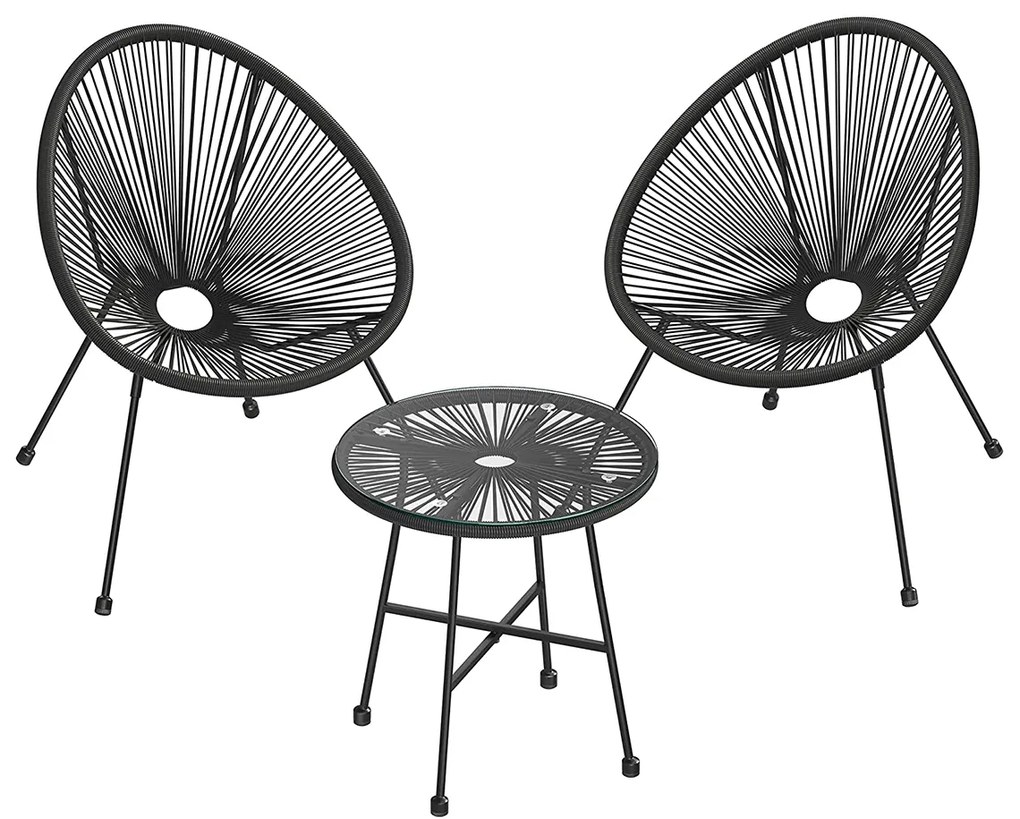 Conjunto de móveis de jardim e pátio SONGMICS, 3 peças, cadeira Acapulco, assentos para área externa, mesa com tampo de vidro e 2 cadeiras, conjunto para conversação interna e externa, preto GGF013B02