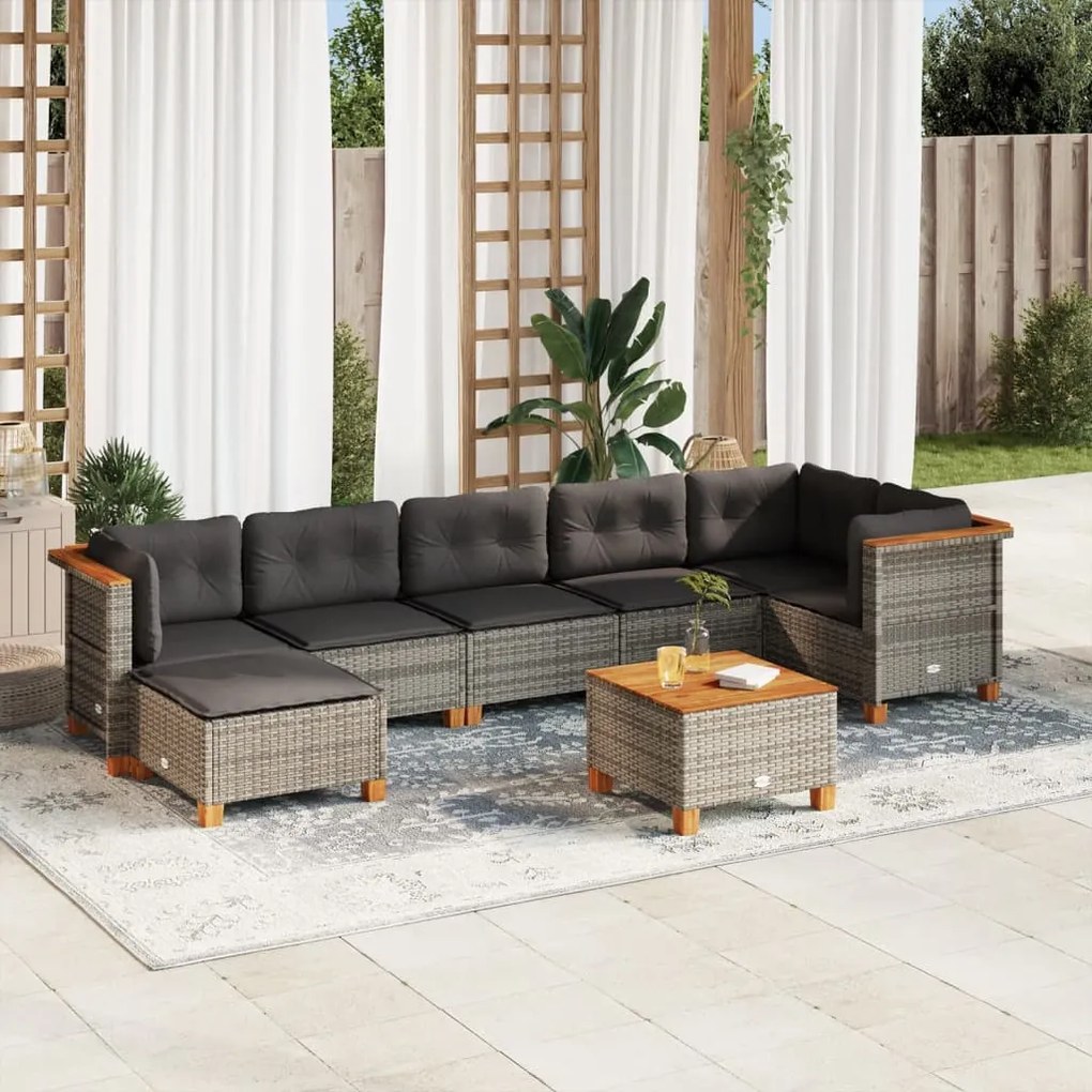 vidaXL 8 pcs conjunto sofás de jardim c/ almofadões vime PE cinzento