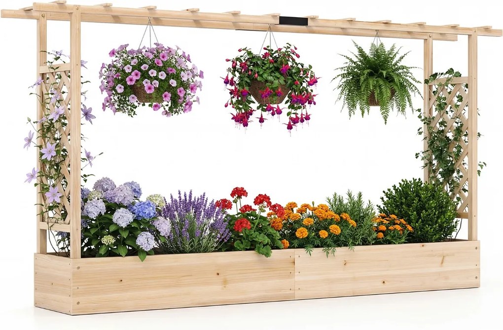 Floreira de jardim elevada em madeira com treliça 220 x 35 x 114 cm, teto suspenso, orifícios de drenagem, para plantas trepadeiras, Natural