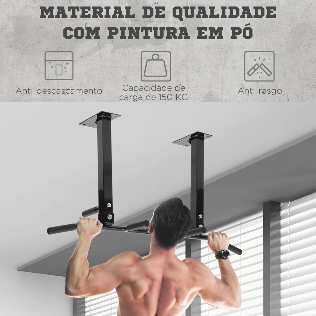 Barra de Elevação de Parede barra Pull-Up de Aço para Treino em Casa Carga Máxima 150 kg 105,5x28x49 cm Preto