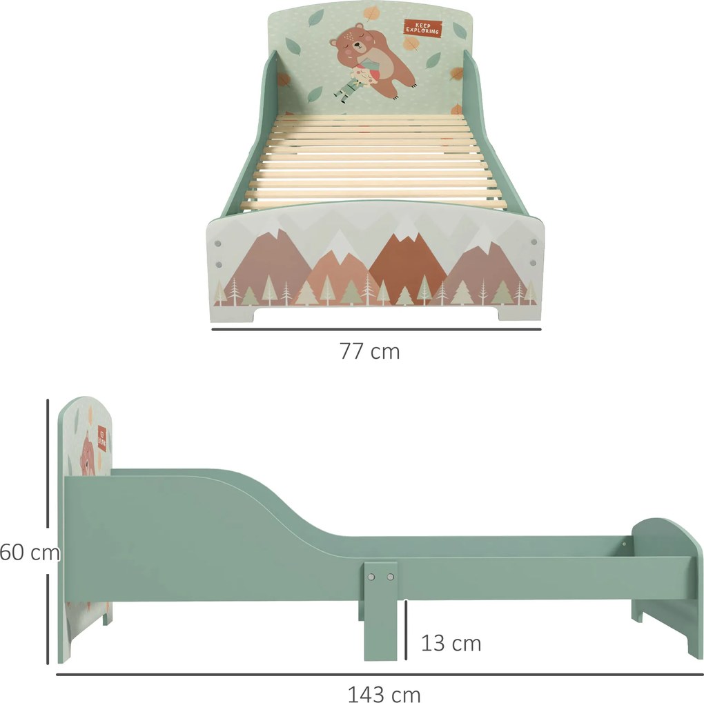 Cama para Crianças de Madeira (COLCHÃO NÃO INCLUIDO) com Barreira de Proteção e Estampados Carga Máx. 40 kg 77x143x60 cm Verde