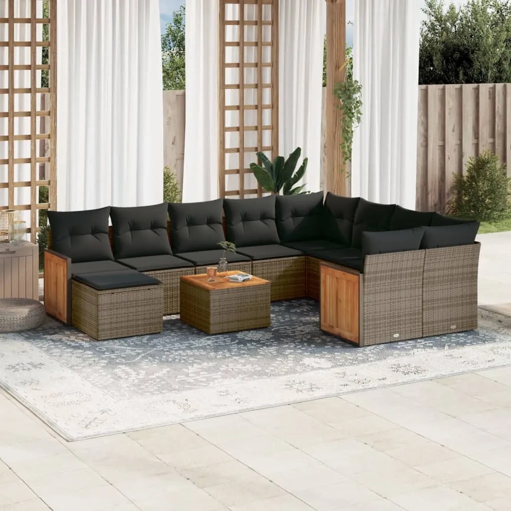 11 pcs conjunto sofás de jardim c/ almofadões vime PE cinzento