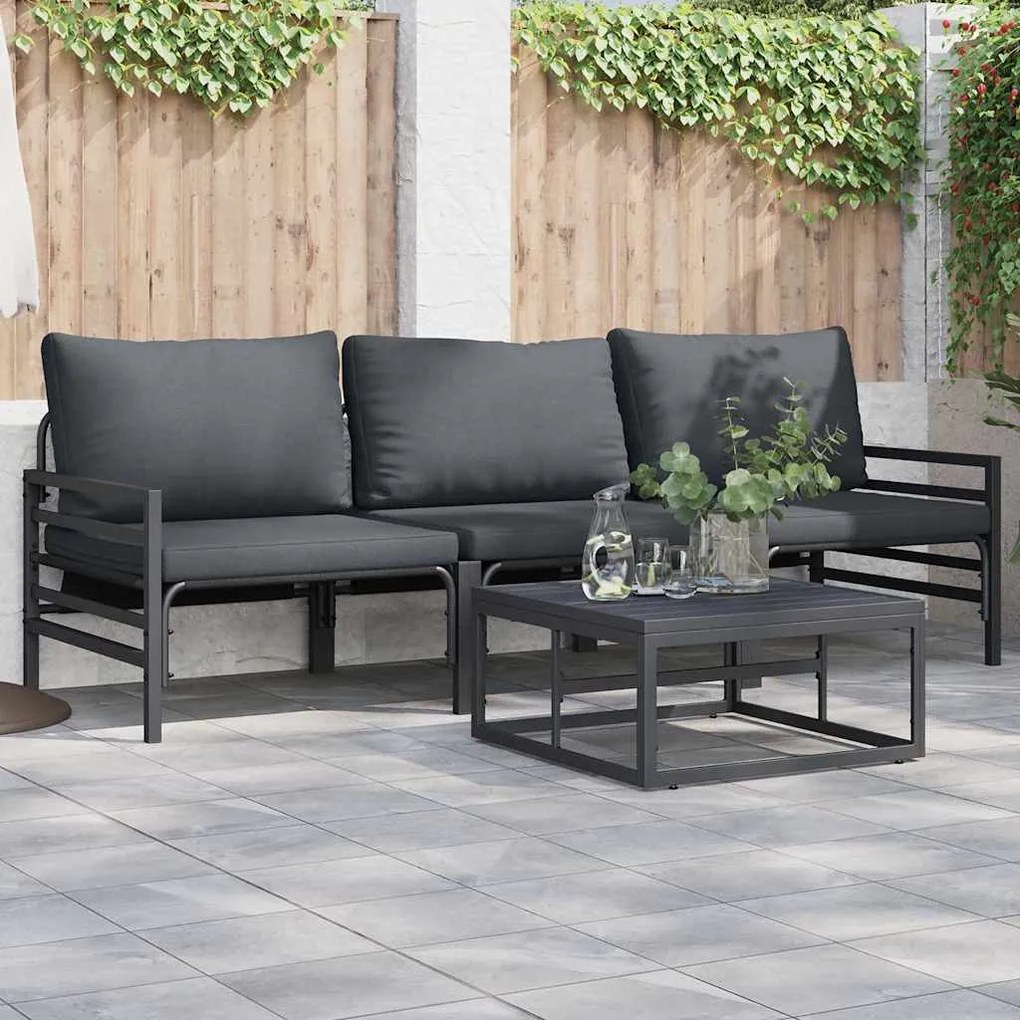 vidaXL Conjunto de Sofá de Jardim com almofada 4 pcs Preto Aço