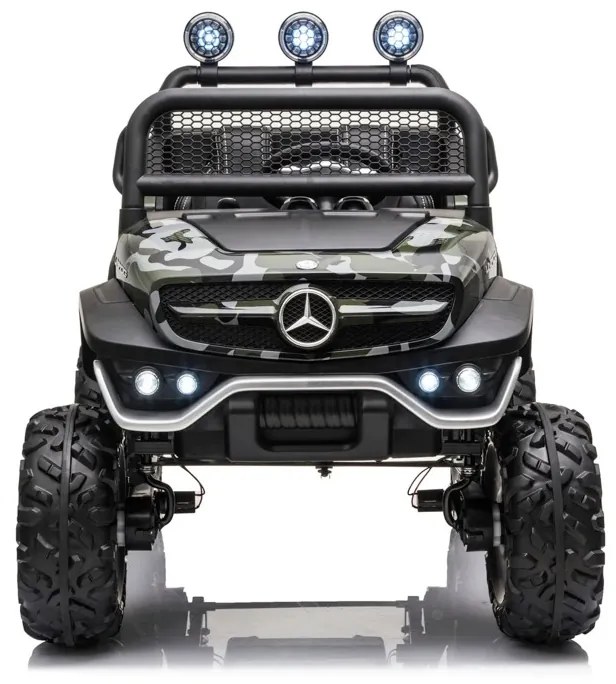 Carro elétrico para crianças Mercedes Unimog 12v, pneus de borracha, assento de couro camuflado
