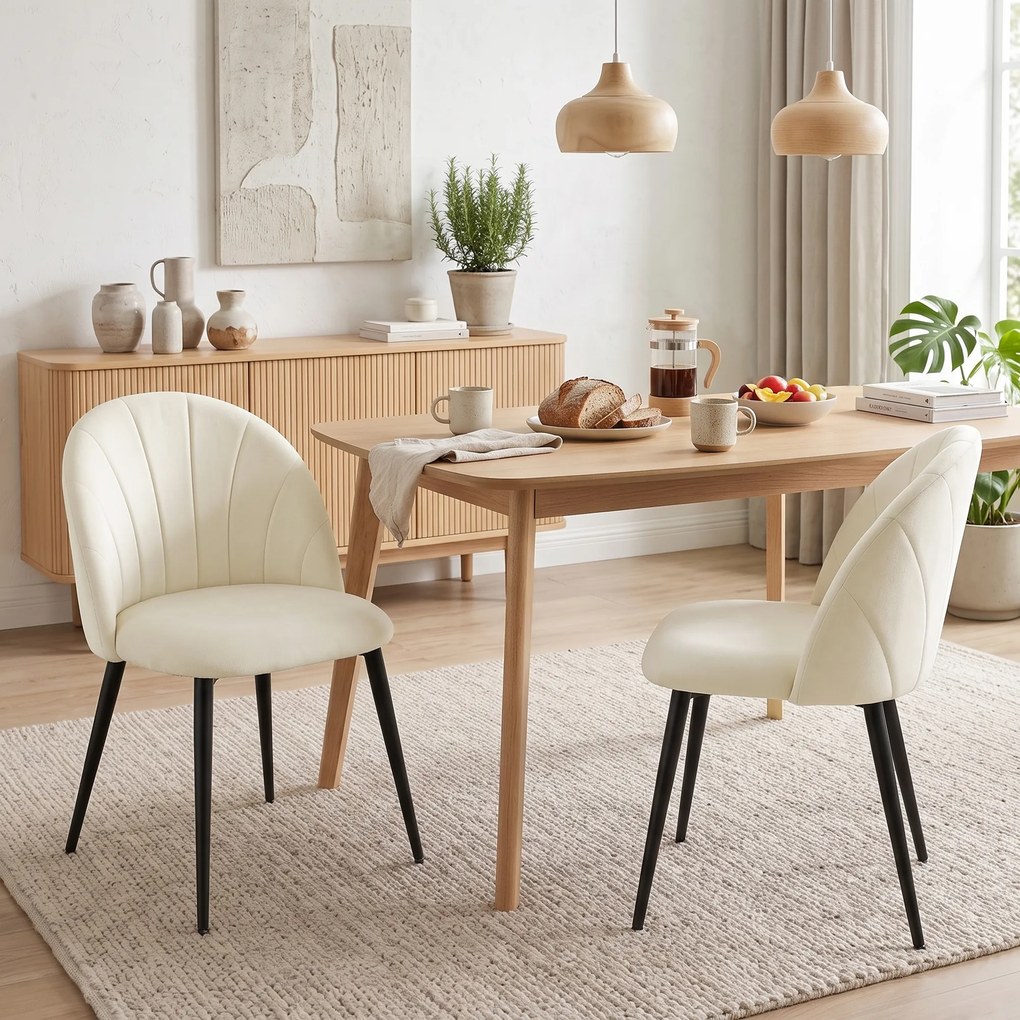 Conjunto de 2 Cadeiras de Jantar em Concha (MESA NÃO INCLUIDA), 52 x 55 x 79 cm, Estofadas em Veludo, Creme